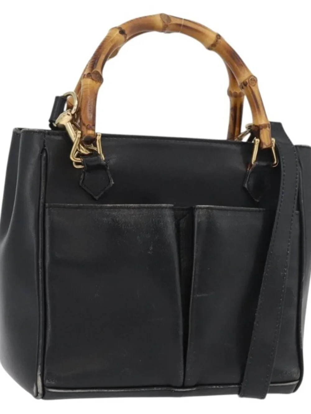 GUCCI Bamboo Hand Bag Leather 2way Black Gold 001 123 1638 Auth 175334